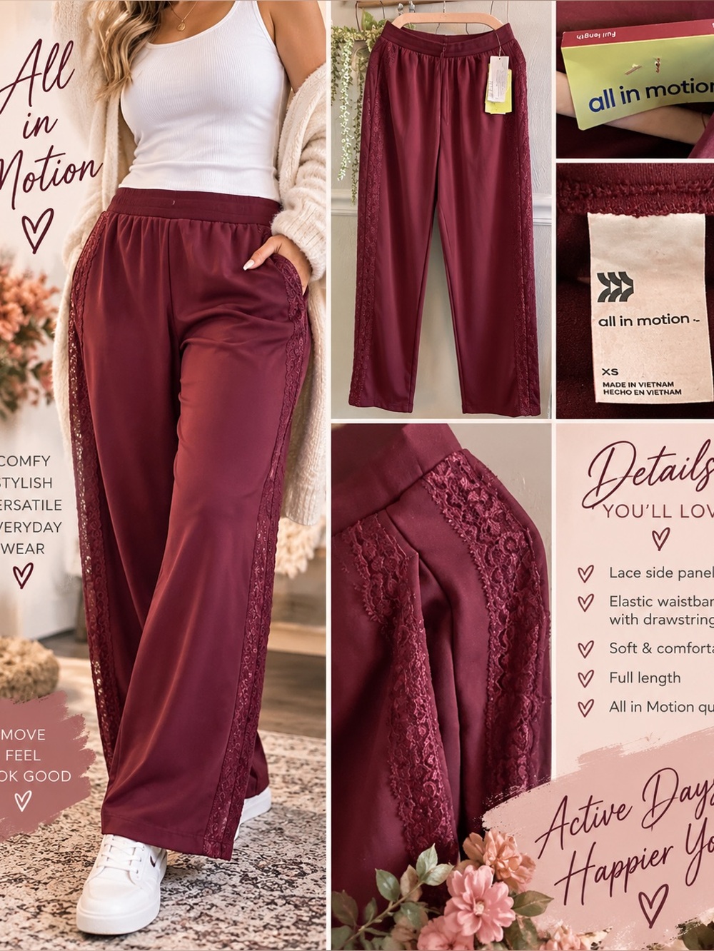all in motion Burgundy Lace-Trim Lounge Pants